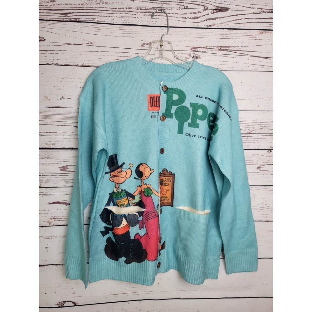 Popeye Cardigan Sweater Vintage Cartoon Kitsch Retro Graphic Knit Green Medium